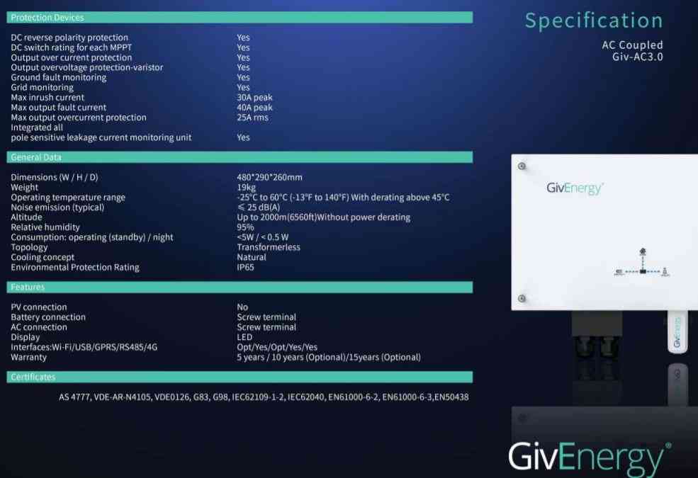 GivEnergy AC Inverter Charger tech specs