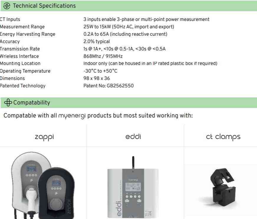 Myenergi Harvi wireless sensor technical specs
