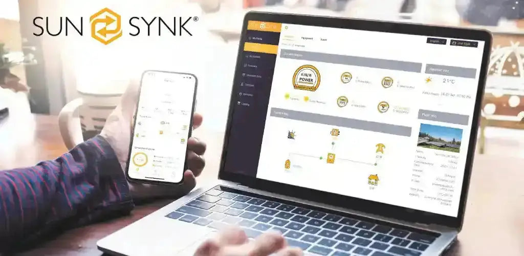 Sunsynk app interface on laptop and smartphone