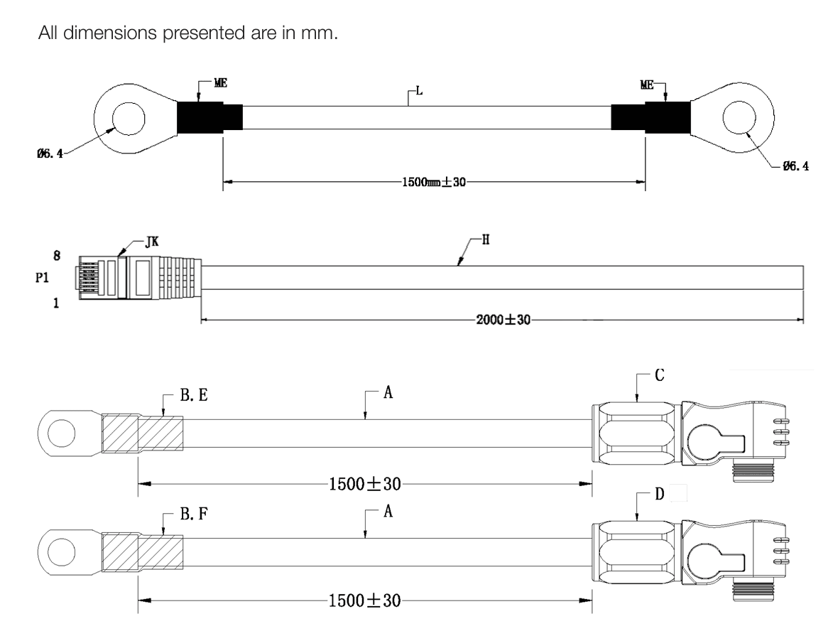 Sunsynk cable dimensions and specifications diagram