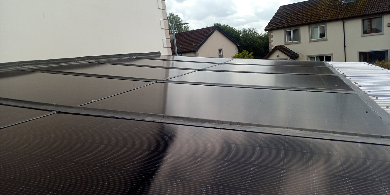 Roof-mounted solar panels on residential building