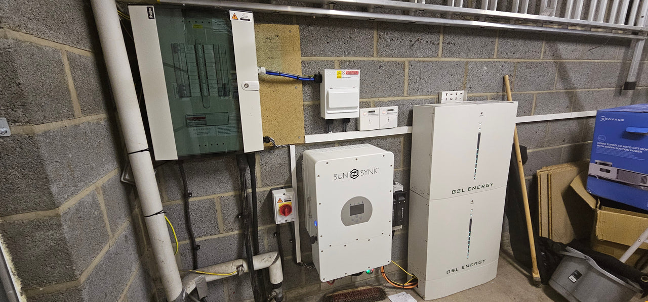Sunsynk hybrid system with GSL batteries in a utility room.