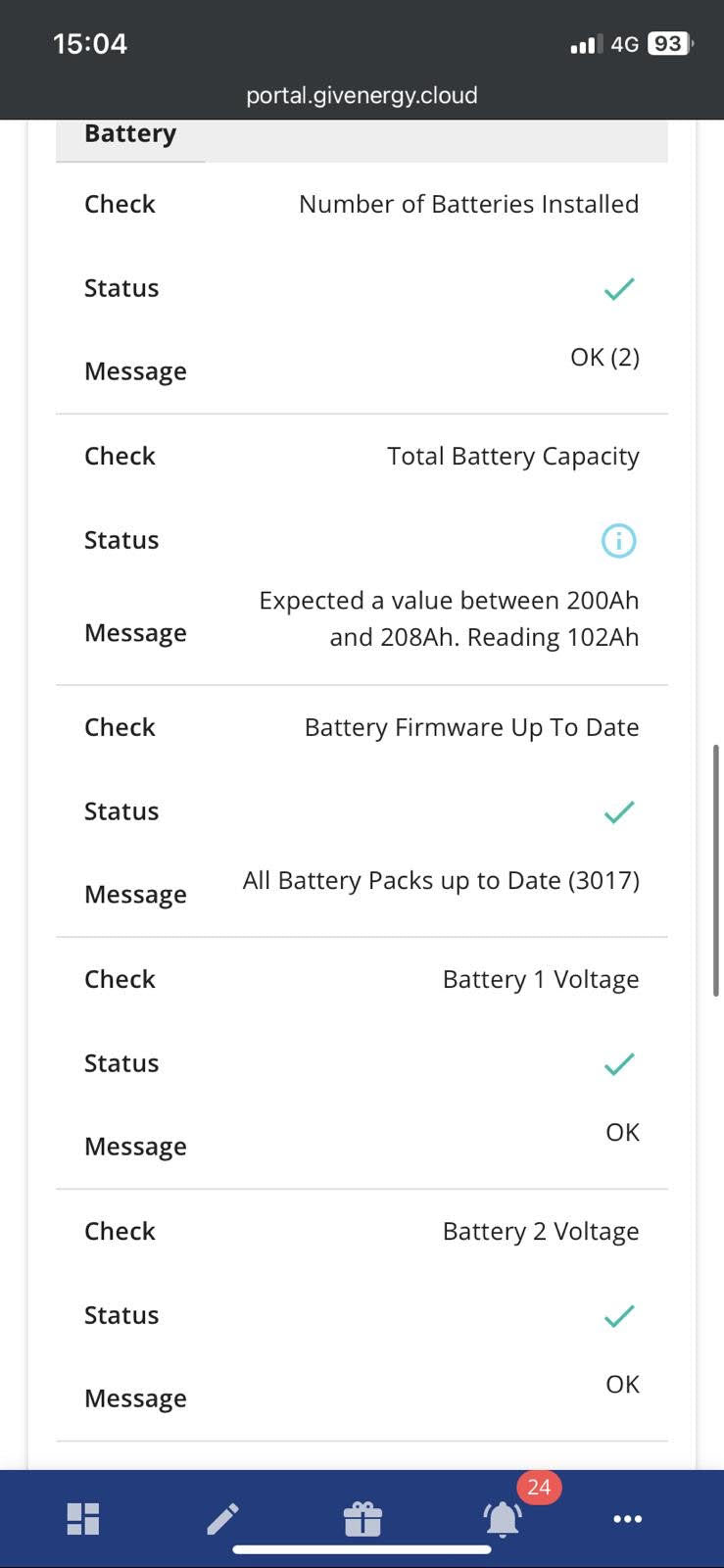 Givenergy battery status report on mobile screen