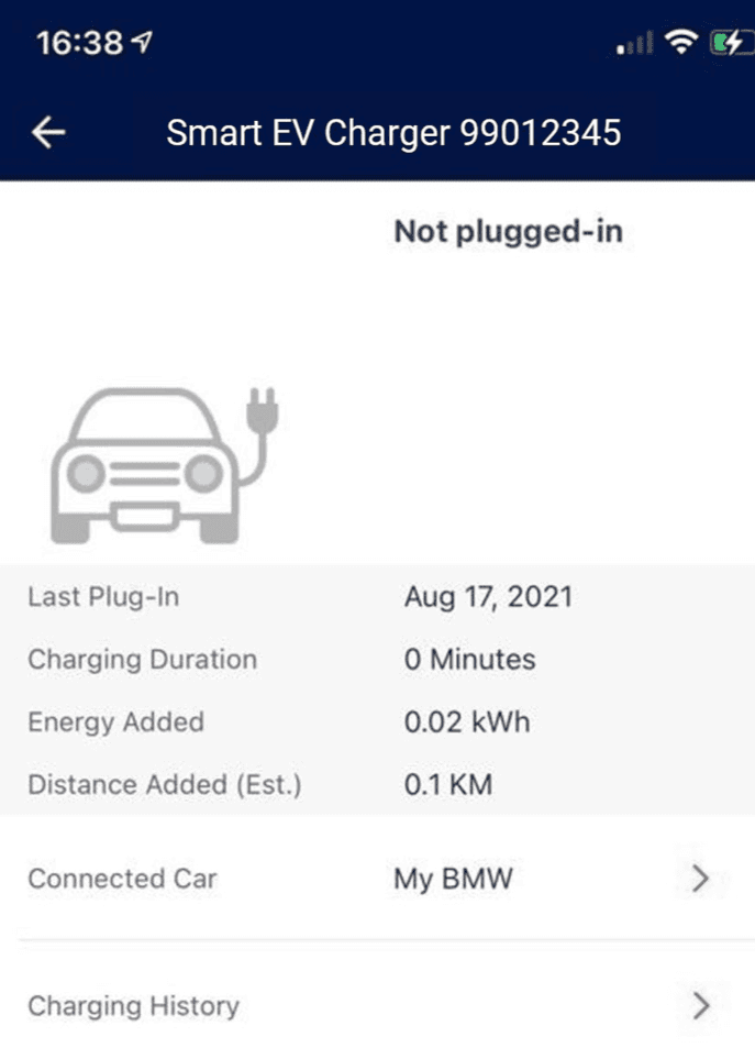 Smart EV Charger app interface showing charging status