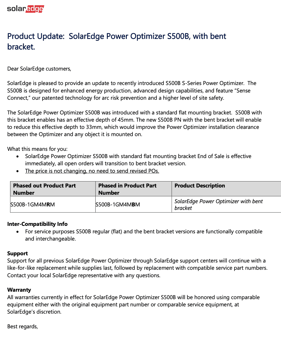 Solar Edge S500B Power Optimizer product update document