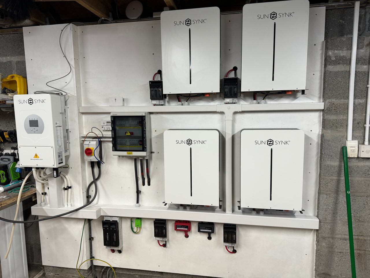 Sunsynk hybrid solar system with multiple batteries installed.