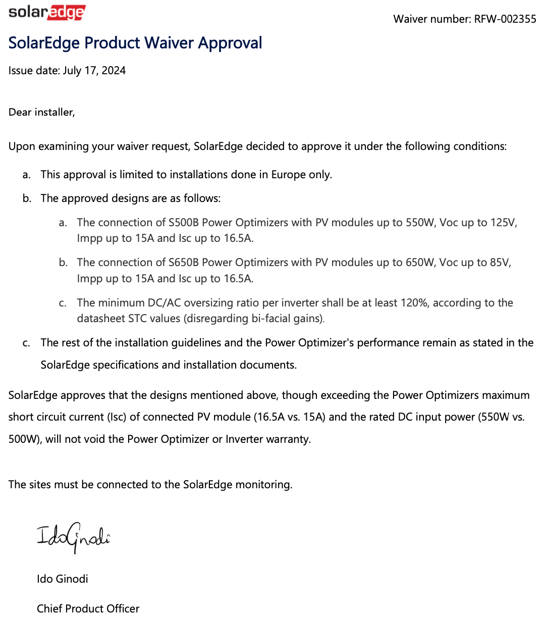 SolarEdge Product Waiver Approval document