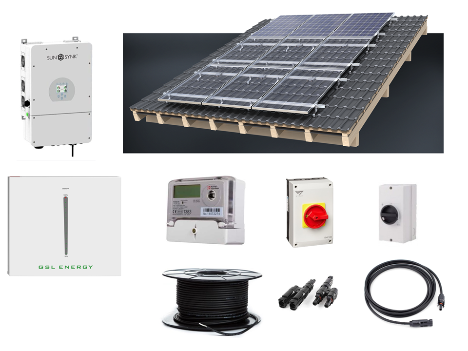 Complete On or Off Grid Sunsynk 3.6kw kit: 6 panel 2.6kw solar & 10.24kwh battery storage with choice of panels £4,266 +vat