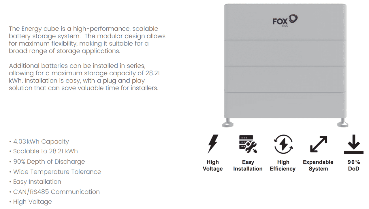 Fox Energy Cube HV ECM4100 V2, 16.12kWh 1x Master 3x Slave £3,950 + VAT