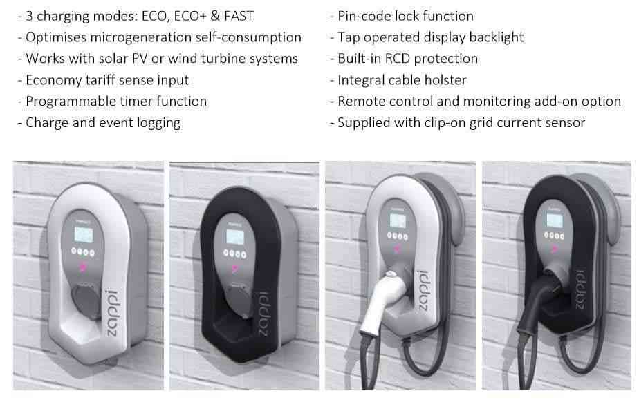 Zappi EV Car charge point V2 - 22kW 3ph - Type 2 Tethered - White Ecosmart - I.T.S Technologies