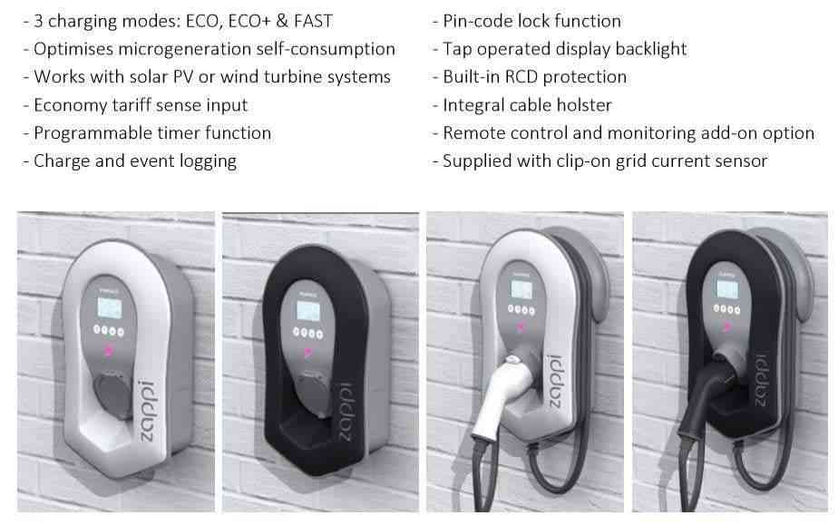 Zappi EV Car charge point V2 - 22kW 3ph - Type 2 Tethered - White Ecosmart - I.T.S Technologies