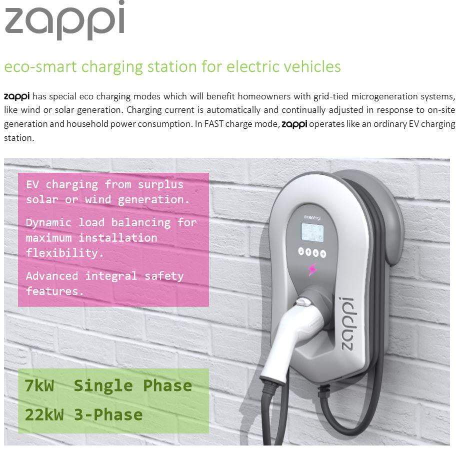 Zappi EV Car charge point V2 - 22kW 3ph - Type 2 Tethered - White Ecosmart - I.T.S Technologies